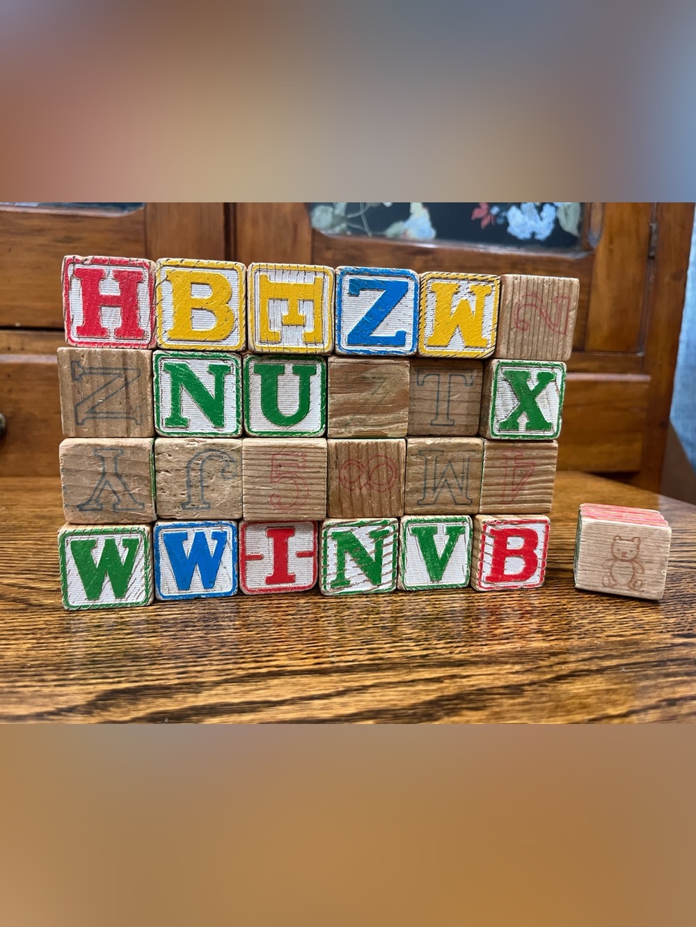 Vintage Wooden Alphabet & Number Blocks – Random Assortment